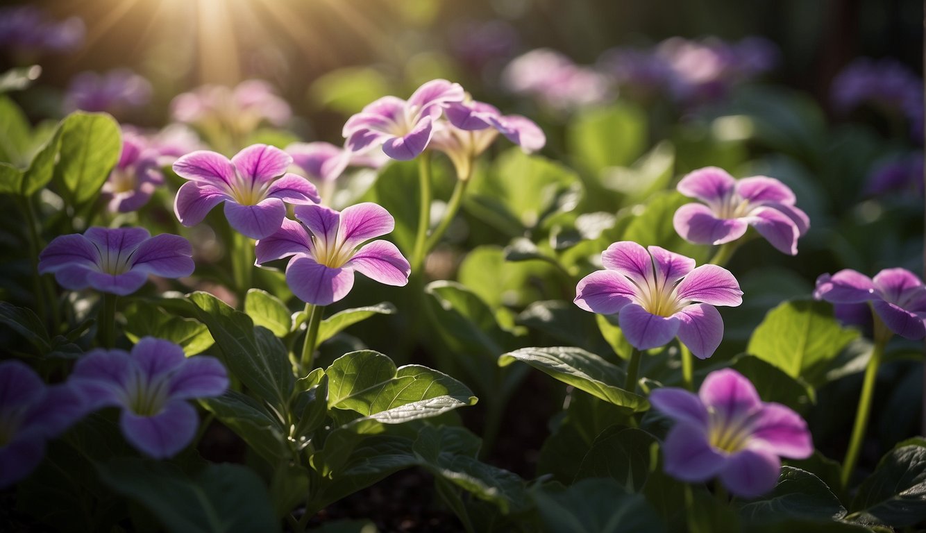 Lush green leaves surround delicate, trumpet-shaped flowers in vibrant shades of purple, pink, and white.

Sunlight filters through a nearby window, casting a warm glow on the blooming Cape Primrose plants