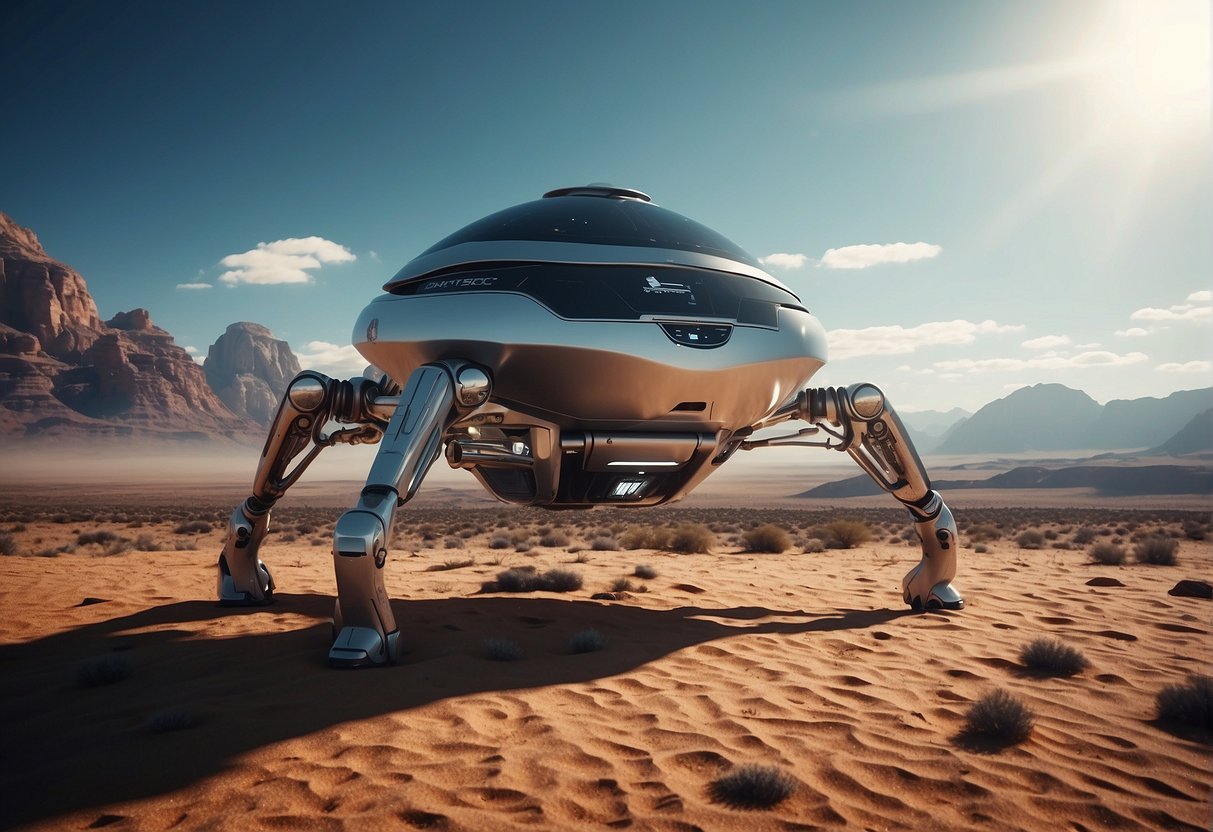 Space Exploration Ethics - A futuristic spacecraft hovers above a pristine alien landscape, while a team of robotic explorers collect samples and data, guided by an artificial intelligence system