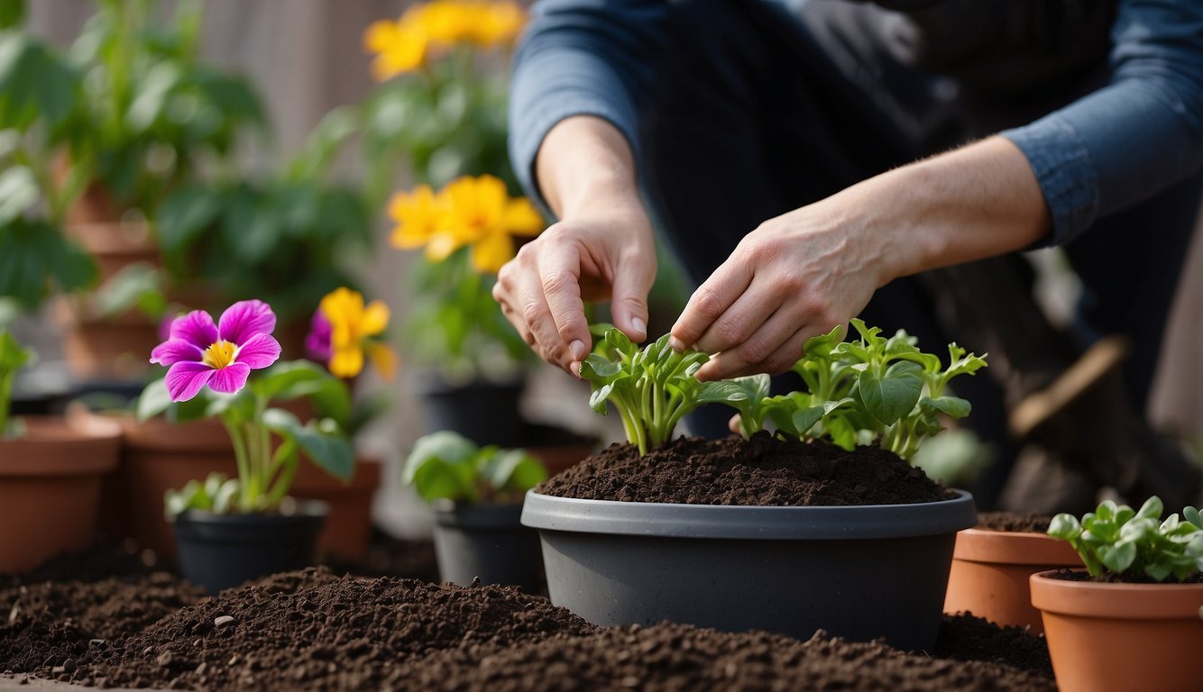 A pair of hands gently repotting a blooming Cape Primrose into a larger, well-draining pot, surrounded by bags of potting soil and gardening tools