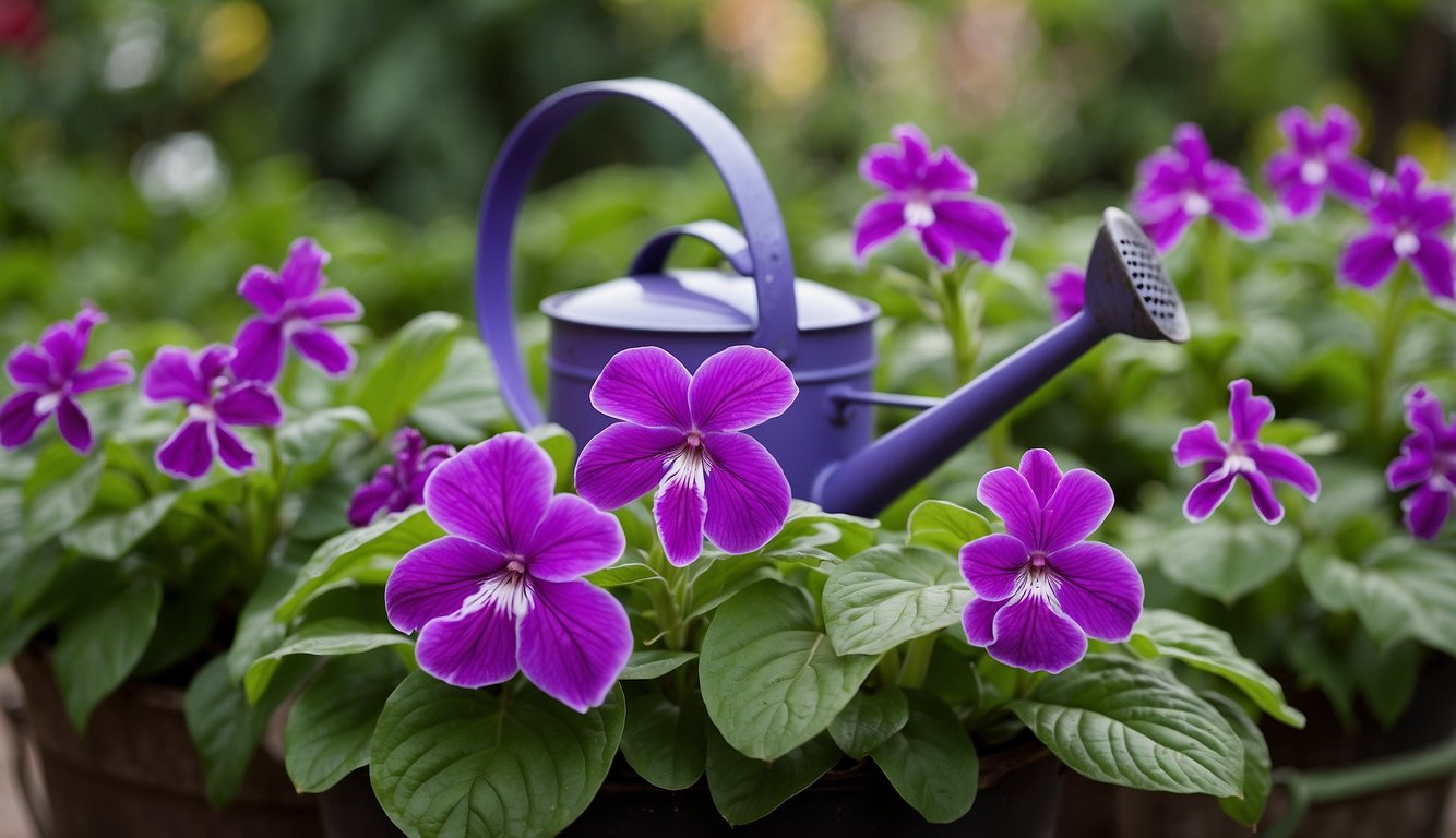 Lush green leaves surround vibrant purple and pink blooms of streptocarpus, with a watering can and pruning shears nearby