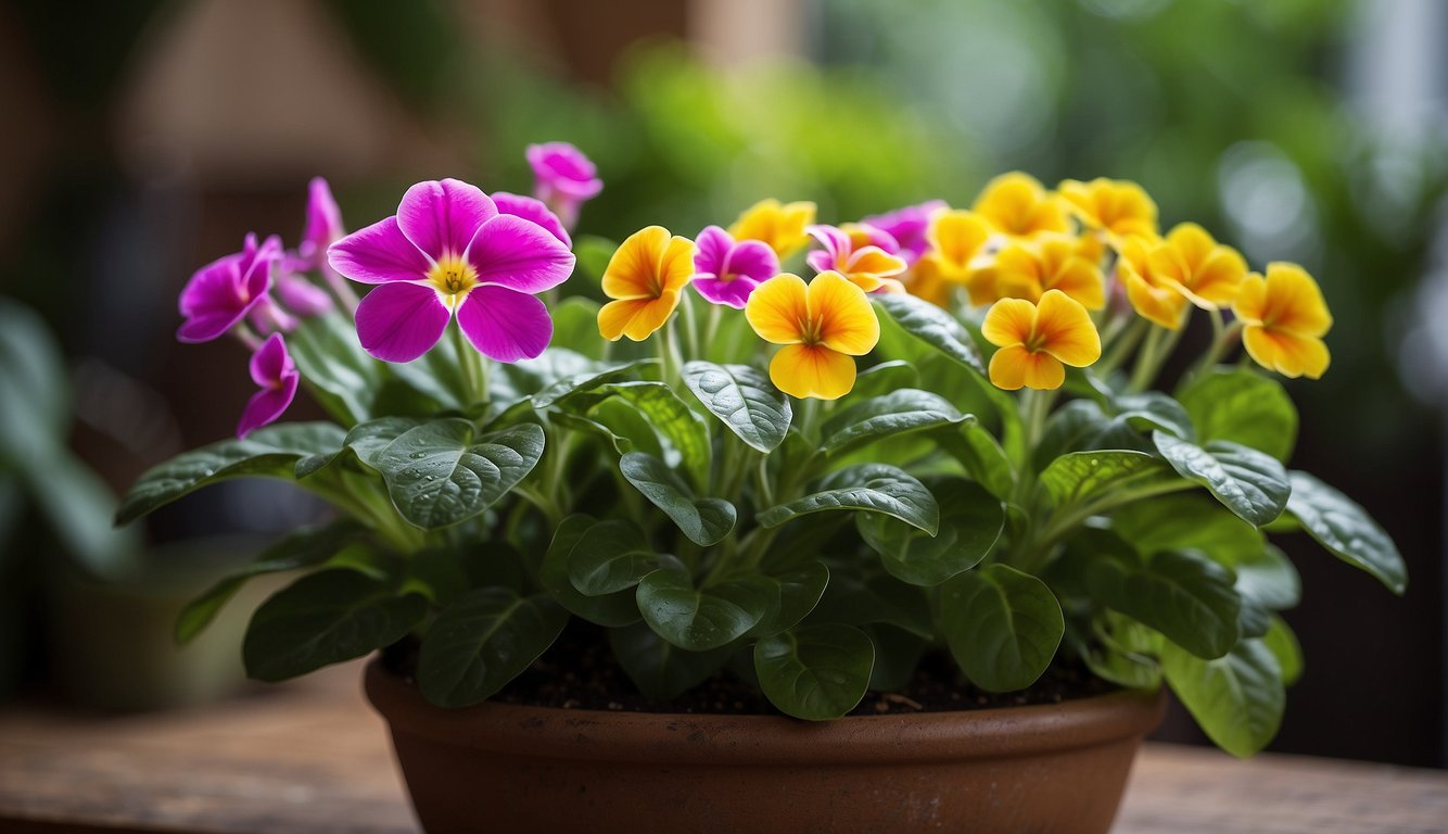 A vibrant Cape Primrose plant sits in a decorative pot, surrounded by lush green foliage.

Bright, colorful blooms cascade down the stems, creating a stunning indoor display