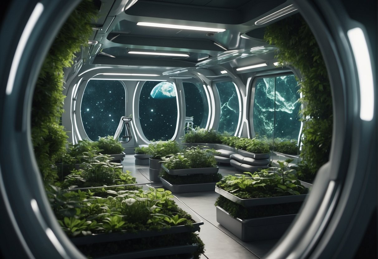 In orbit, a futuristic space station with lush greenery and clean, sustainable energy sources promotes human rights and well-being