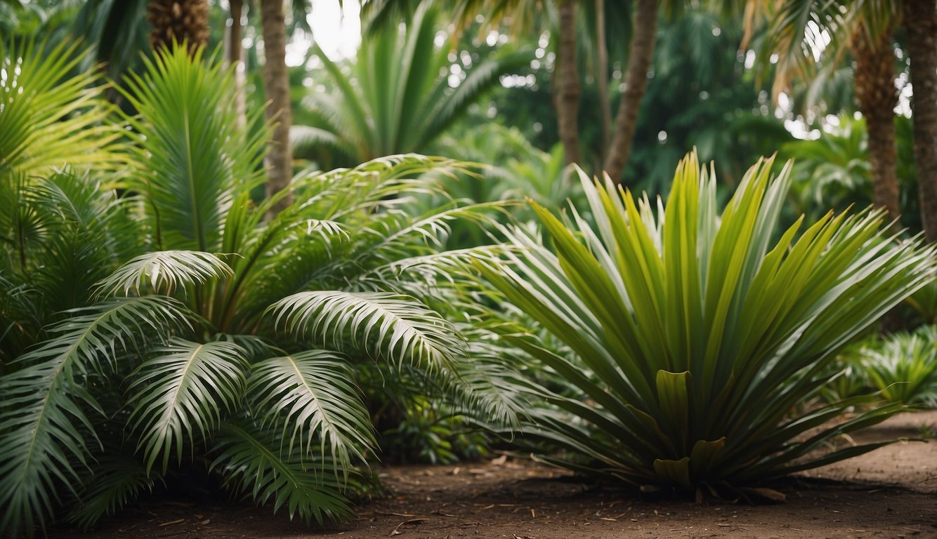 A lush garden with a well-maintained Sago Palm surrounded by other tropical plants.

The palm is thriving with healthy green fronds and a sturdy trunk, indicating proper care and maintenance
