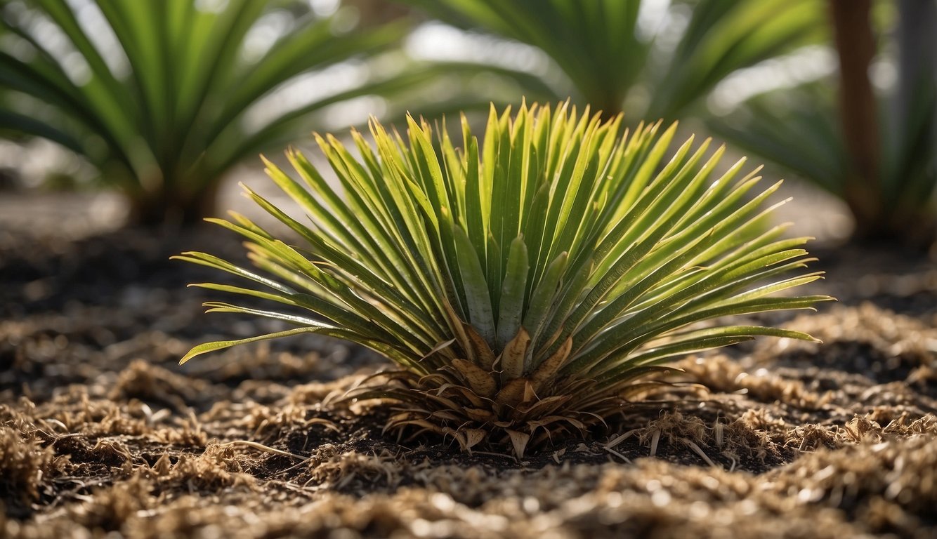 A healthy sago palm sits in a well-drained, sunny spot.

Its fronds are green and sturdy, showing no signs of yellowing or browning. A layer of mulch surrounds the base, and the soil is moist but not water