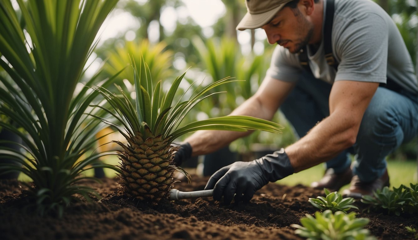 A gardener digs a hole, carefully placing a sago palm inside.

They water it, ensuring the soil is moist. The palm stands tall, surrounded by other lush green plants