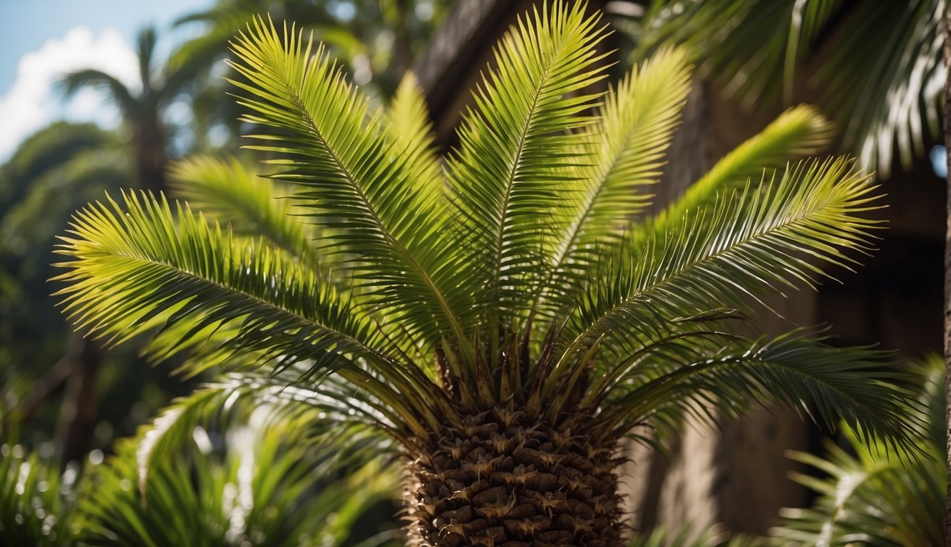 A healthy Sago Palm stands in a well-drained, sunny spot.

Its fronds are green and lush, with no signs of yellowing or browning. The soil is slightly dry but not parched, and there are no signs of pests