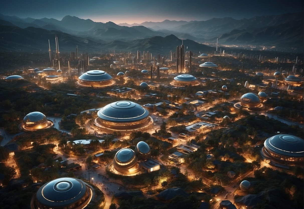 A bustling extraterrestrial colony, with diverse architecture and bustling markets, surrounded by advanced space exploration technology