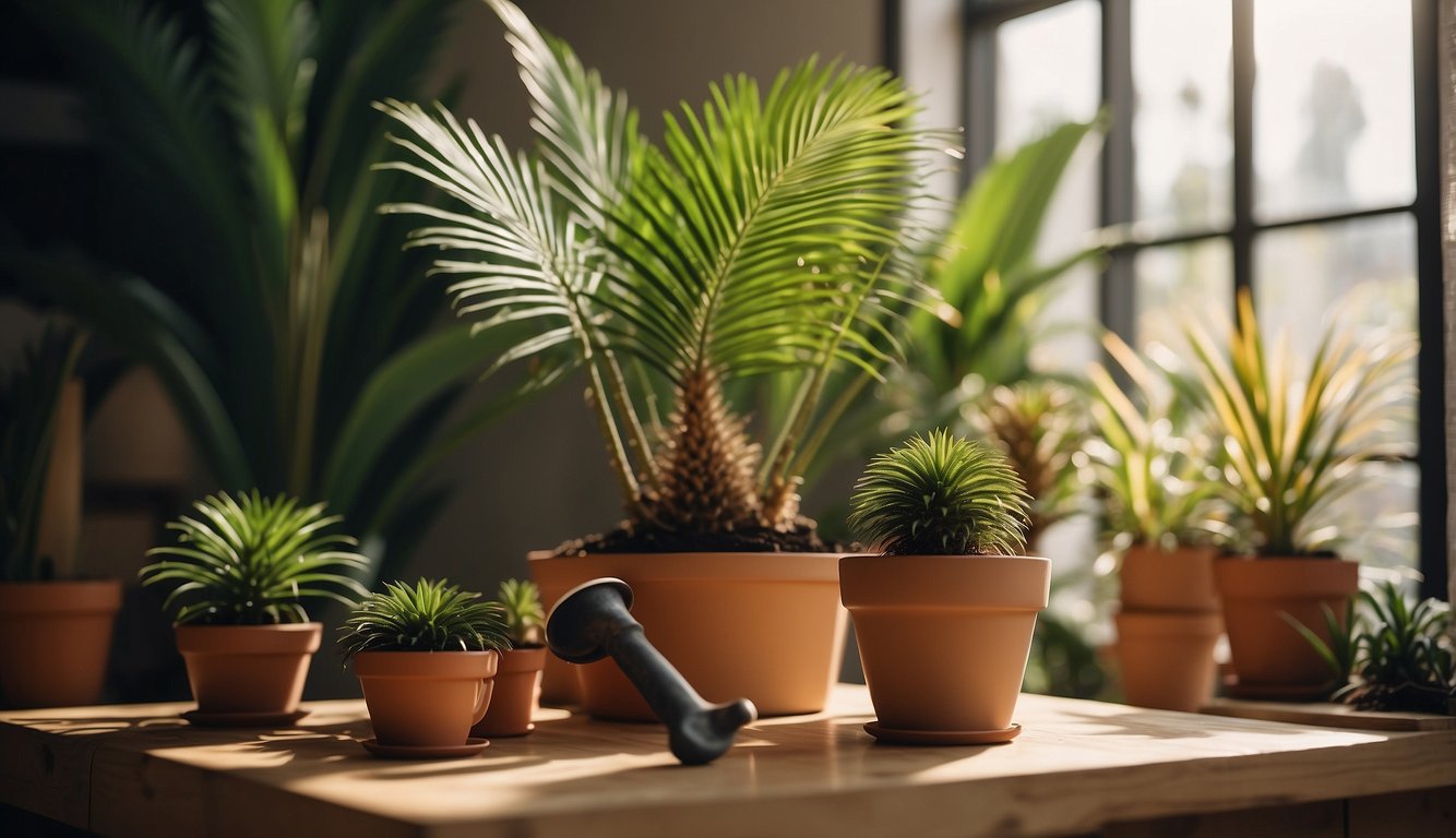 A Sago Palm sits in a well-lit room, surrounded by pots of soil, a watering can, and gardening tools.

A care guide book is open nearby