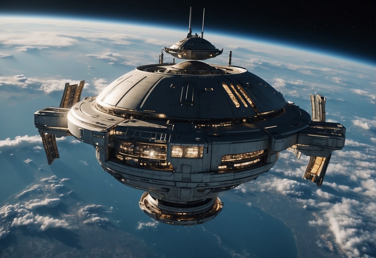 A futuristic space station with advanced technology and a sense of exploration, surrounded by the vastness of space