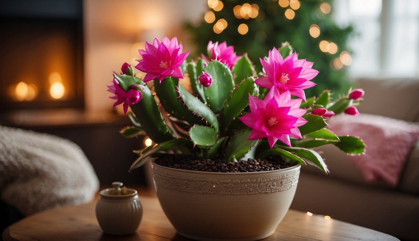 A vibrant Christmas cactus blooms in a cozy living room, adorned with twinkling lights and surrounded by festive decorations.

The plant is thriving, with lush green stems and vibrant pink flowers, bringing holiday cheer to the space