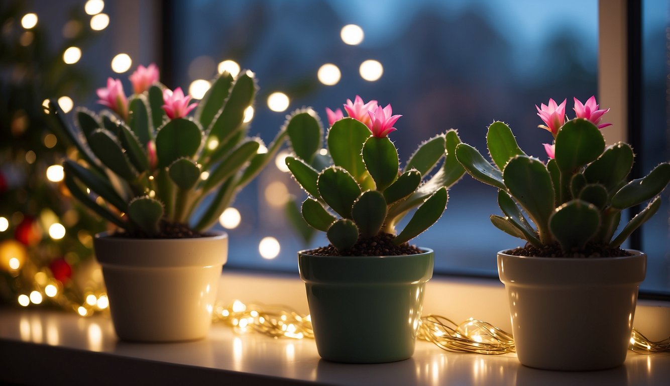 A Christmas cactus sits in a decorative pot, surrounded by twinkling lights and festive ornaments.

It is positioned near a window, basking in the soft glow of natural light