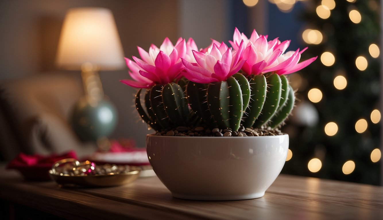 A Christmas cactus sits in a cozy living room, surrounded by twinkling lights and festive decorations.

It is blooming with vibrant pink and red flowers, bringing holiday cheer to the room