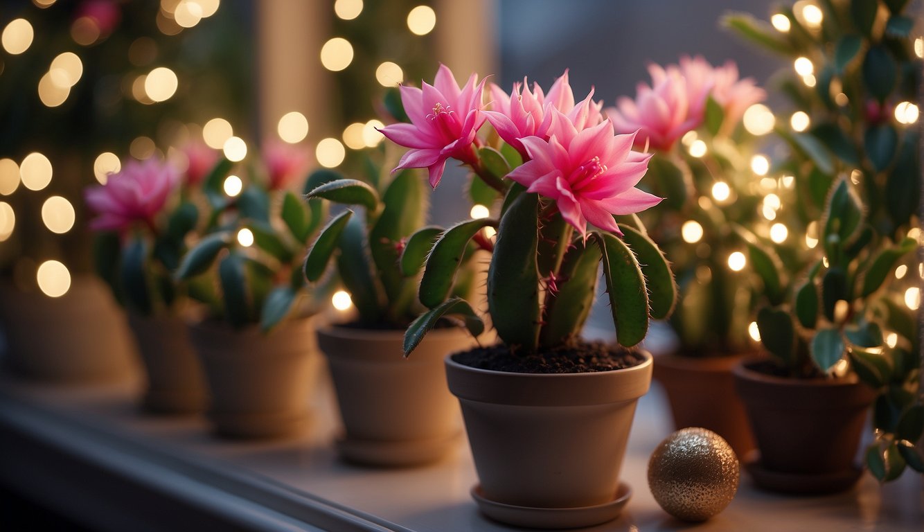 A festive Christmas cactus sits on a windowsill, surrounded by twinkling lights and colorful ornaments.

Its delicate pink blooms add a touch of holiday cheer to the room