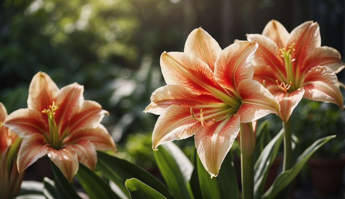 Vibrant hippeastrum flowers in full bloom, surrounded by lush green foliage.

Bright sunlight illuminates the scene, showcasing the brilliance of the Amaryllis