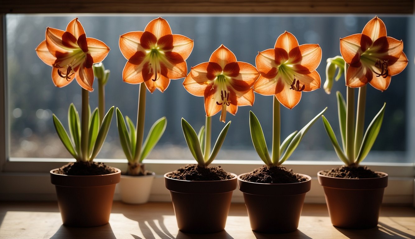 Amaryllis bulbs in various stages of growth, surrounded by rich soil, and receiving gentle sunlight through a window