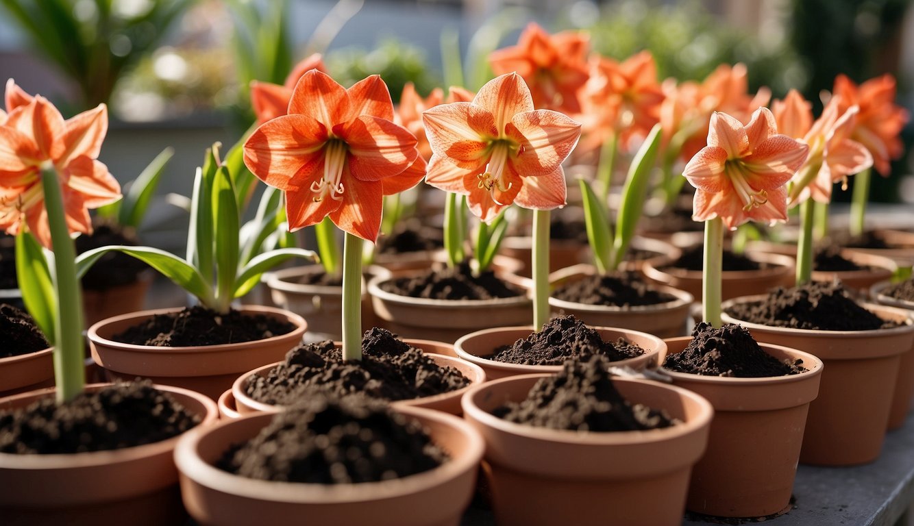 Amaryllis bulbs in pots with well-draining soil, placed in a sunny spot.

Water sparingly until new growth appears. Rotate pots for even sun exposure. Apply balanced fertilizer every 2-4 weeks