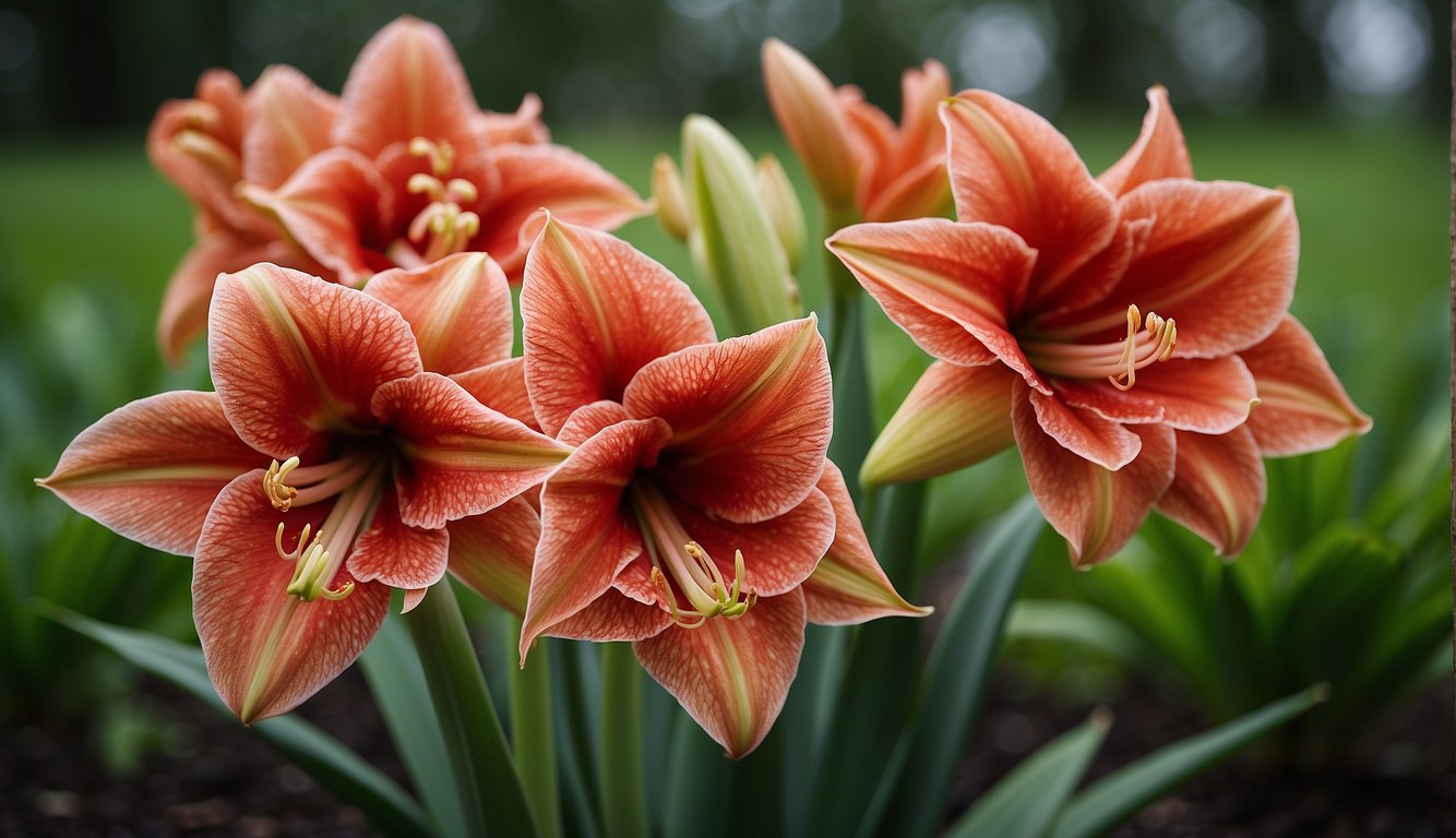 Vibrant amaryllis blooms burst forth from the soil, surrounded by lush green leaves.

The bright colors and tall, elegant stems exude a sense of vitality and rebirth