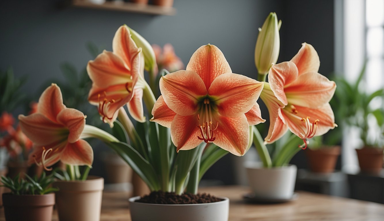 Vibrant Amaryllis plants in full bloom, showcasing various colors and sizes.

Bright, well-lit room with a table displaying care instructions and tools