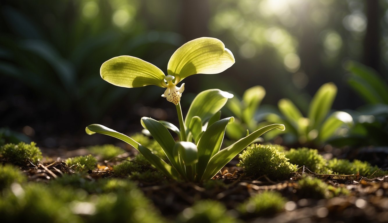 Lush green leaves surround a single slipper orchid with delicate, vibrant blooms.

Sunlight filters through the foliage, casting dappled shadows on the ground