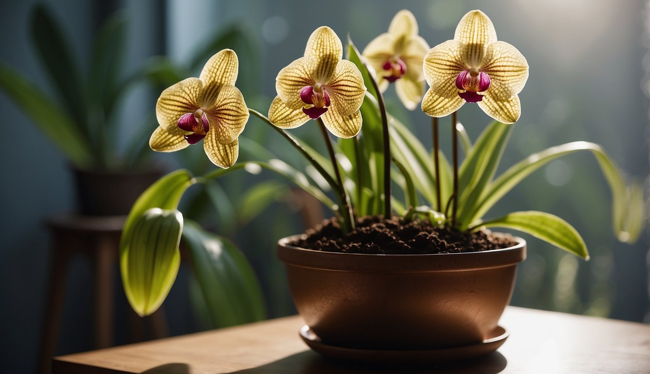 A paphiopedilum orchid sits in a well-lit room, placed in a shallow pot with well-draining soil.

It is watered sparingly and kept away from direct sunlight, with a humidity tray nearby
