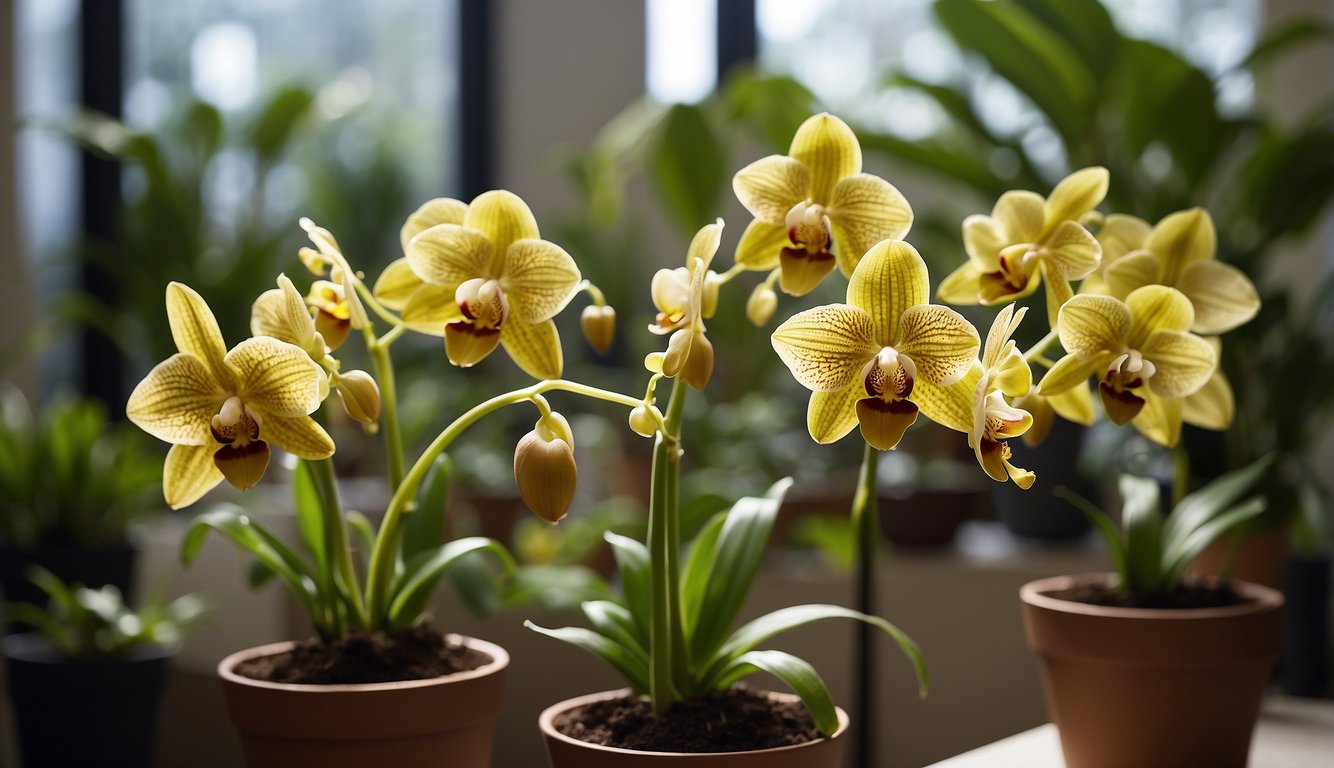 Paphiopedilum orchids in need of care: wilting leaves, yellowing or spotted petals, and overcrowded pots
