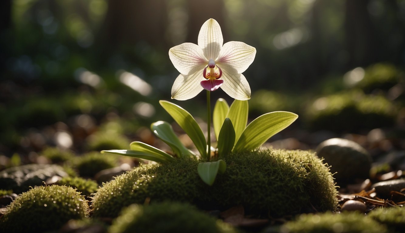 A Paphiopedilum orchid sits on a mossy bed, surrounded by small pebbles and a few fallen leaves.

Sunlight filters through the foliage, casting dappled shadows on the delicate petals