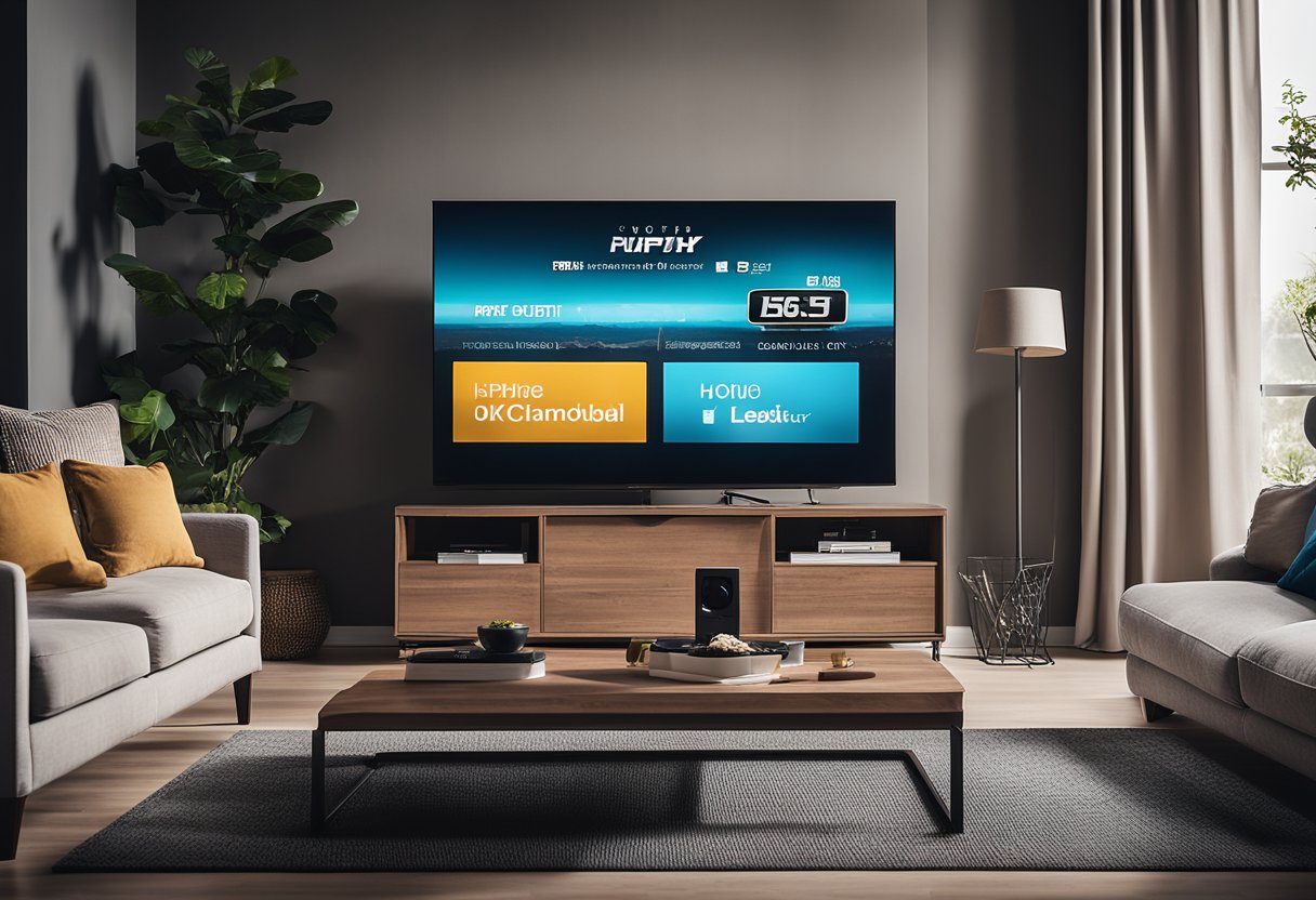 A modern living room with a large flat-screen TV displaying various IPTV channels. A remote control sits on the coffee table next to a comfortable sofa