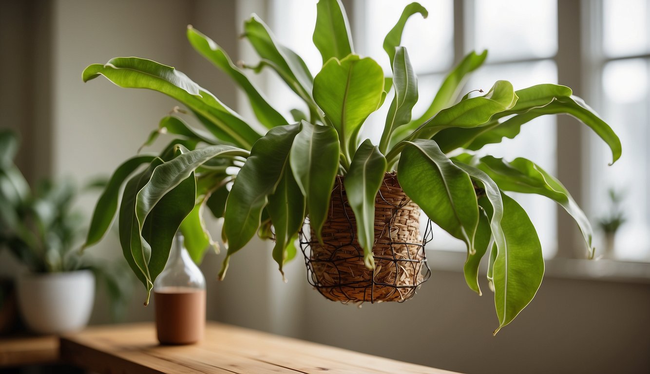 A staghorn fern is mounted on a wooden board, secured with wire or rope.

The plant is displayed in a bright, well-lit room with a misting bottle nearby for regular maintenance