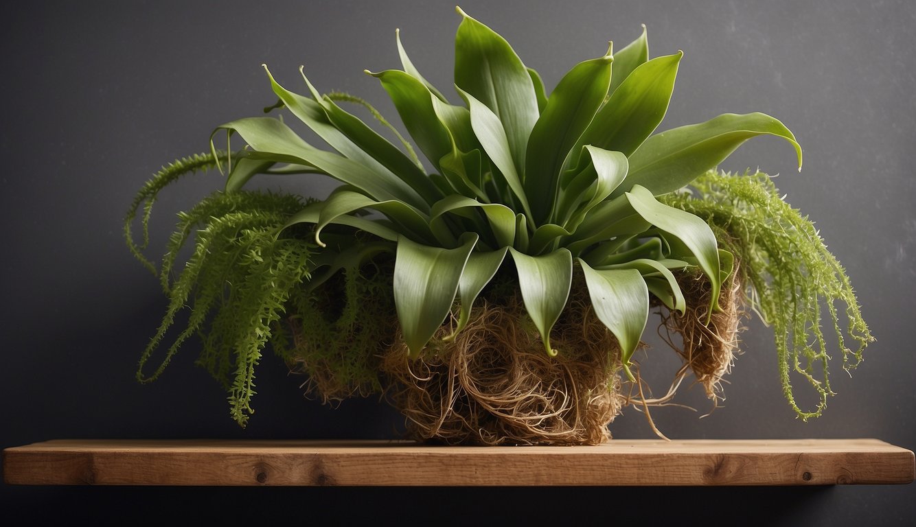 A staghorn fern is mounted onto a wooden board using wire or rope, with its roots wrapped in sphagnum moss.

The fern is positioned securely and displayed prominently on the wall