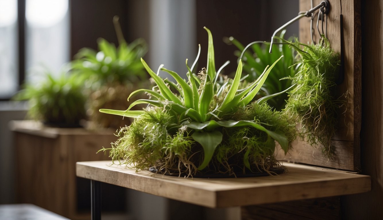 A staghorn fern is being mounted onto a wooden board with sphagnum moss and wire.

It is placed in a bright, indirect light location and misted regularly for maintenance