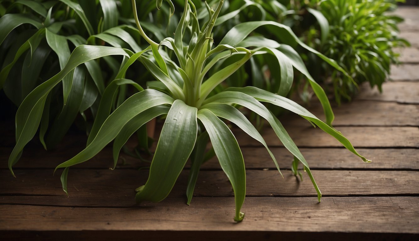 A staghorn fern is mounted on a wooden board, secured with wire or rope.

The plant is lush and healthy, with large, green fronds cascading down the board
