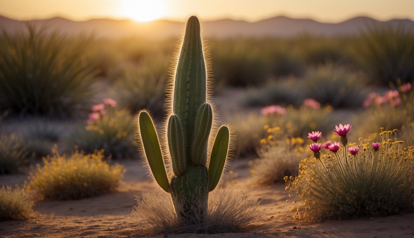 Acanthocereus Tetragonus stands tall in a desert landscape, surrounded by vibrant wildflowers and basking in the warm glow of the setting sun