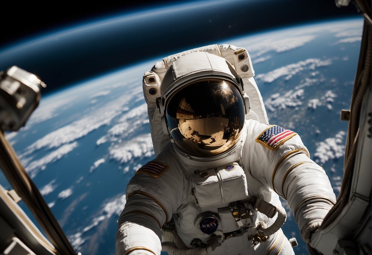 Astronaut equipment floats in zero gravity as Earth looms in the background, ready for re-entry