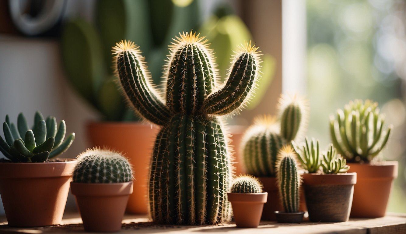 A Fairy Castle Cactus stands tall in a sunlit room, surrounded by pots of succulents.

A watering can and pruning shears sit nearby, ready for tending