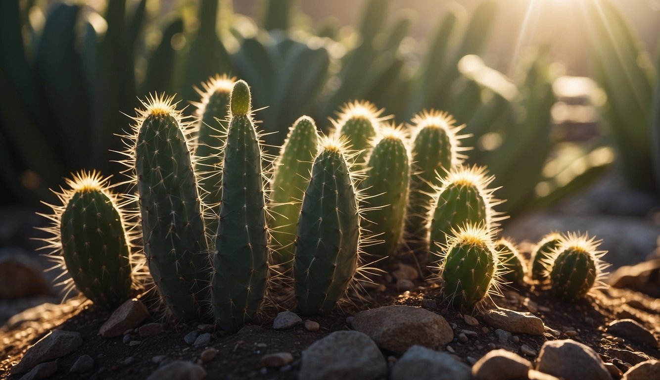 Acanthocereus Tetragonus cactus surrounded by smaller cacti, with rays of sunlight shining down on them.

A fairy-like glow emanates from the cactus, creating a magical and enchanting scene