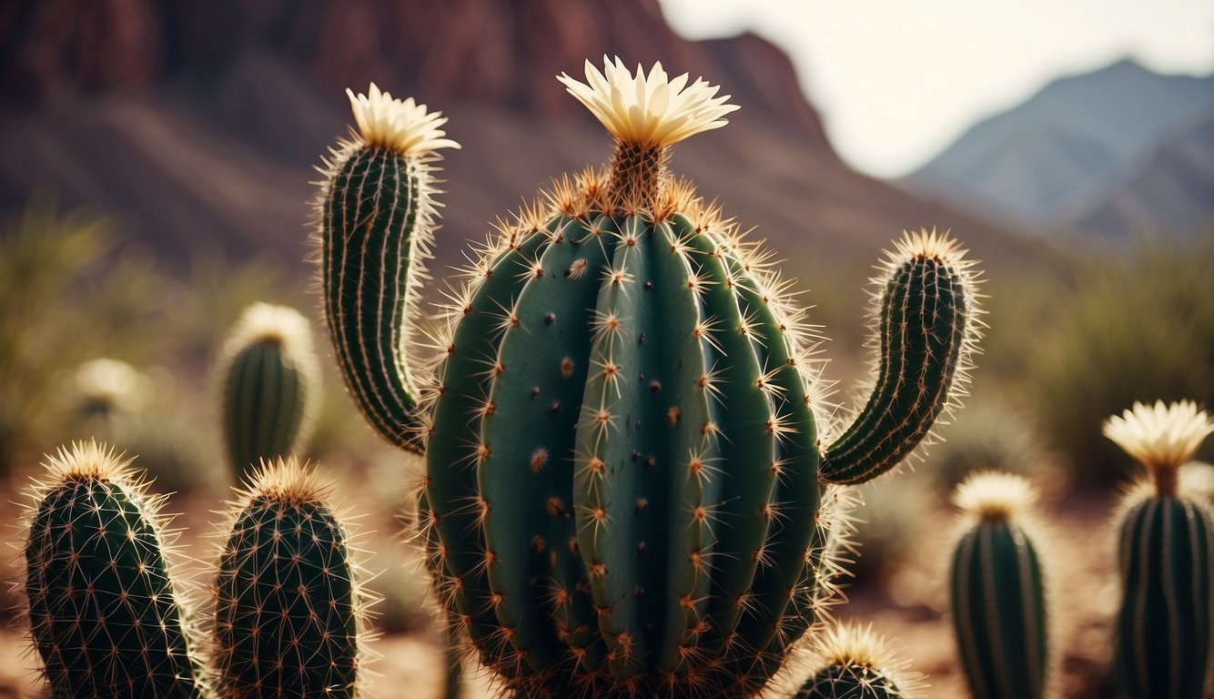 A fairy castle cactus stands tall, surrounded by other desert plants.

Its segmented, columnar stems reach towards the sky, adorned with small white flowers and spiky thorns