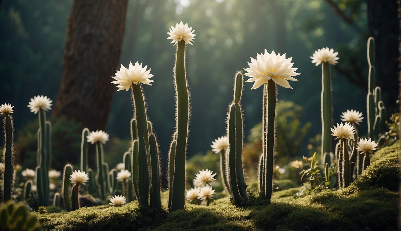 A tall, slender Acanthocereus Tetragonus cactus stands in a whimsical, enchanted forest.

Its four-sided stems reach towards the sky, adorned with delicate, star-shaped flowers