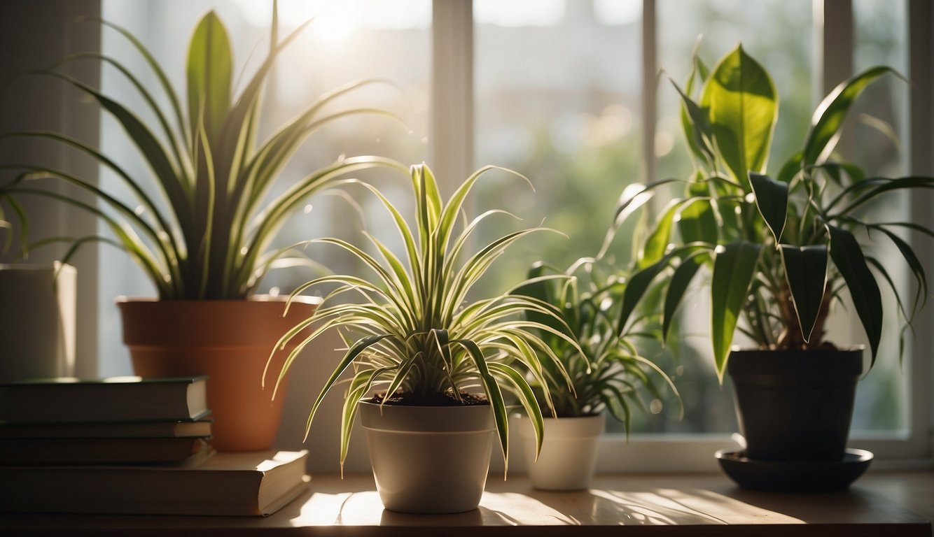 A bright, airy room with a large window.

A healthy spider plant in a hanging pot, surrounded by books and plant care tools. Sunshine streaming in, casting a warm glow on the plant