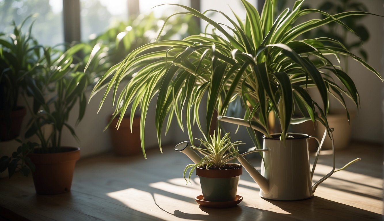 A bright, airy room with a hanging spider plant in a macrame holder.

Sunlight streams in, casting dappled shadows on the plant's long, arching leaves. A watering can sits nearby, ready for use