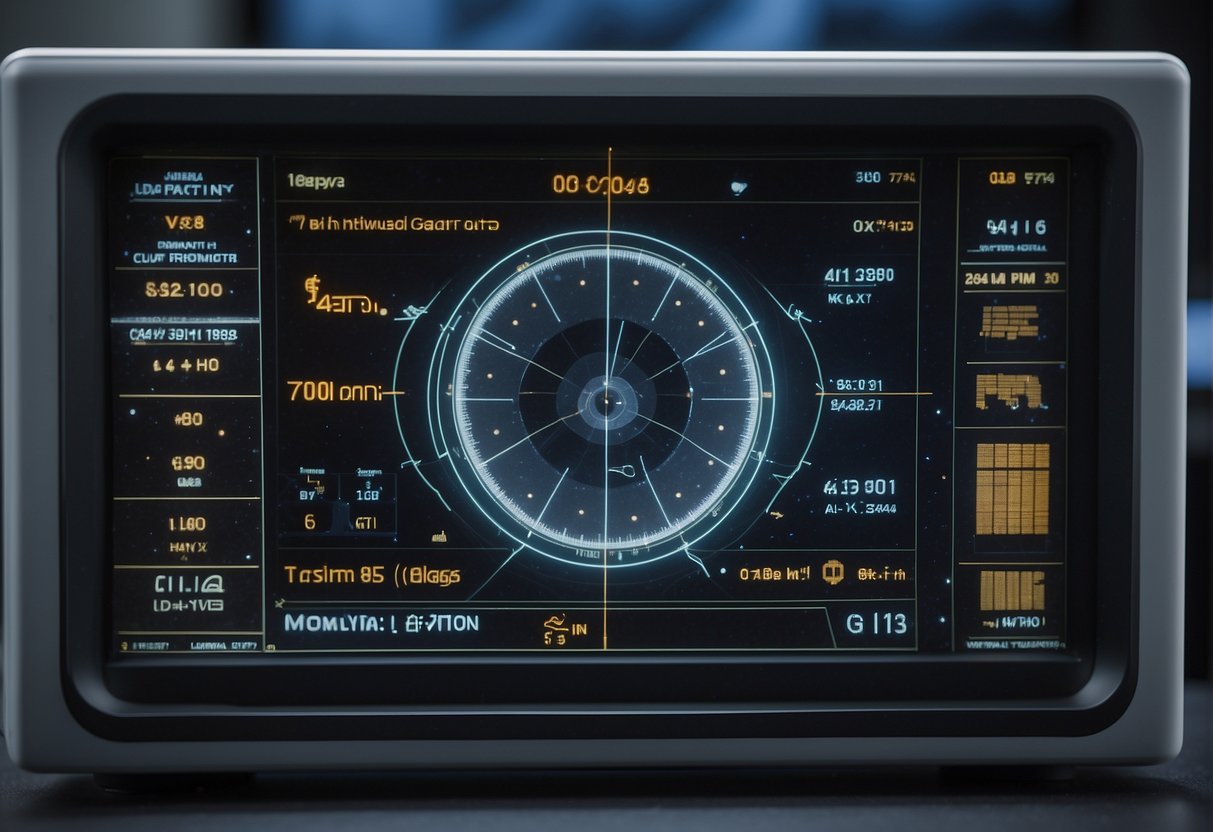 A spacecraft monitor displays vital signs. Equipment calibrates for re-entry. Gravity's effects on the body are anticipated