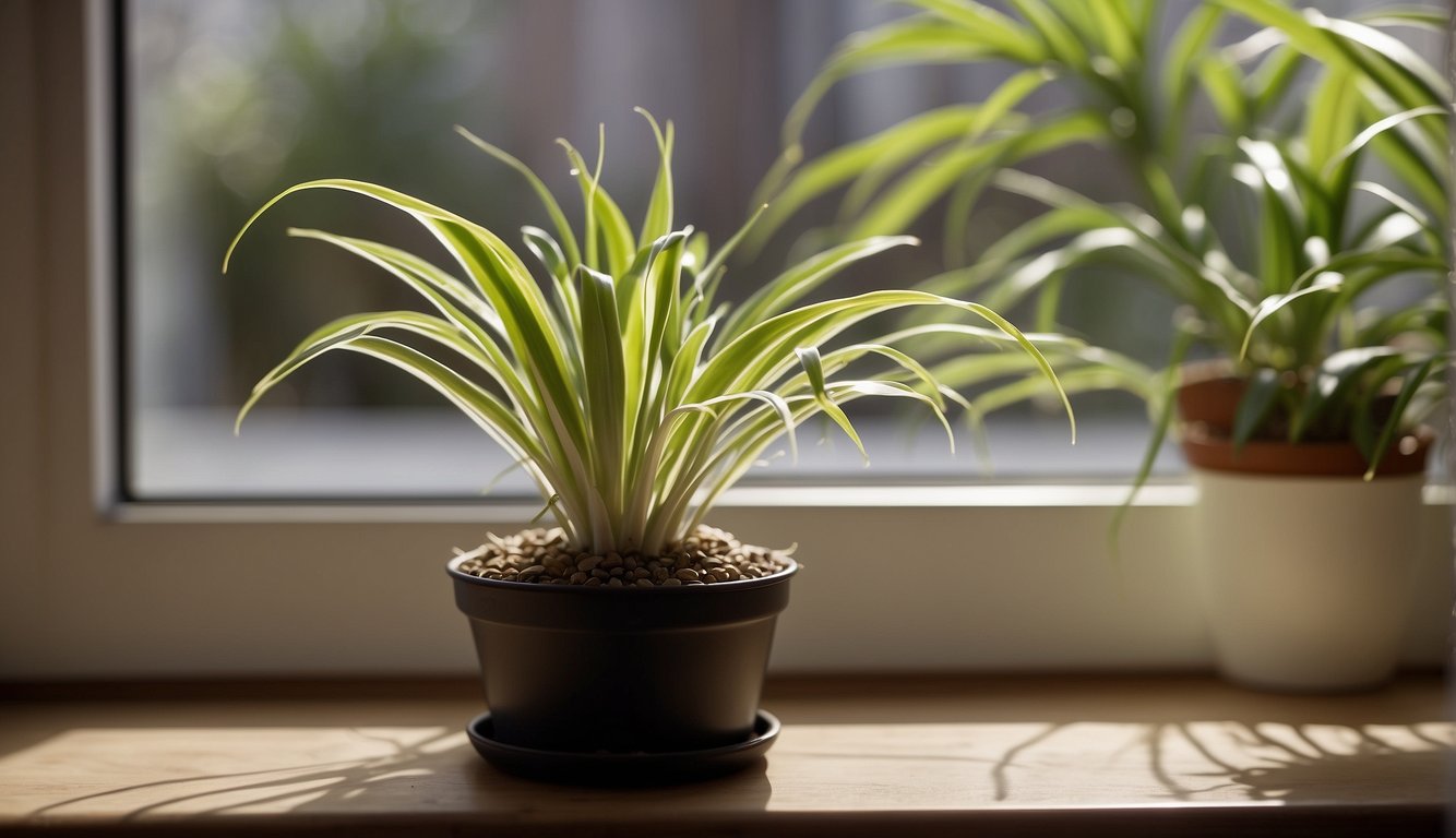 A spider plant droops in a small pot on a windowsill.

Yellowing leaves and soil dryness indicate lack of water. Nearby, a care guide book is open to a troubleshooting section