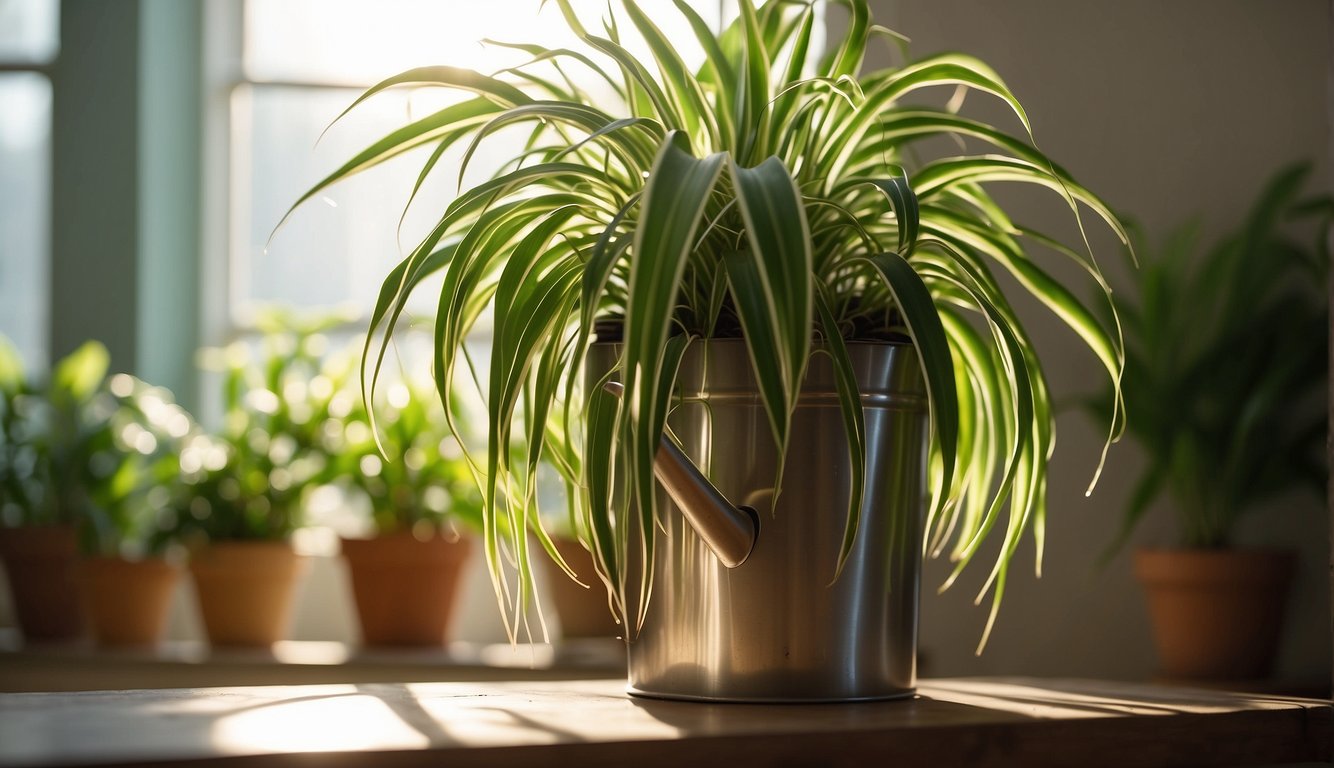 A spider plant hangs in a bright, airy room.

Sunlight filters through the window, casting a warm glow on the lush, cascading foliage. A watering can sits nearby, ready for use