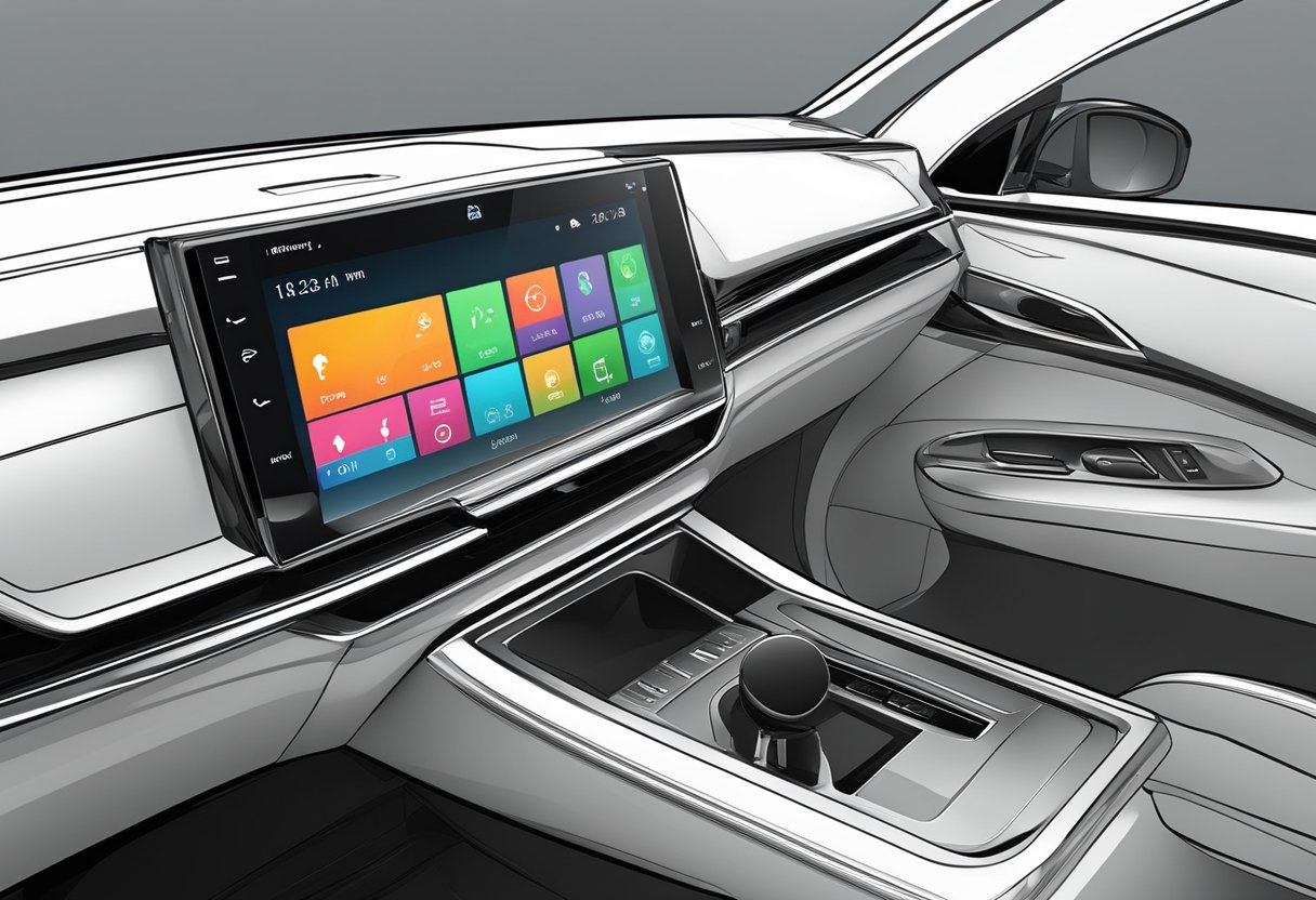 A double din capacitive touch screen, with sleek glass surface and responsive touch controls, set into a modern car dashboard