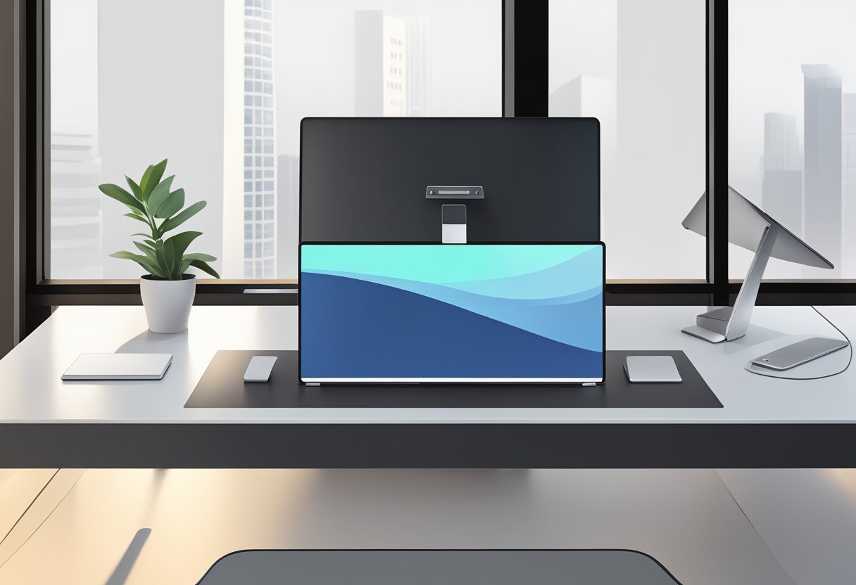 A 22-inch capacitive touch screen, sleek and modern, sits on a clean, minimalist desk with no visible wires or clutter