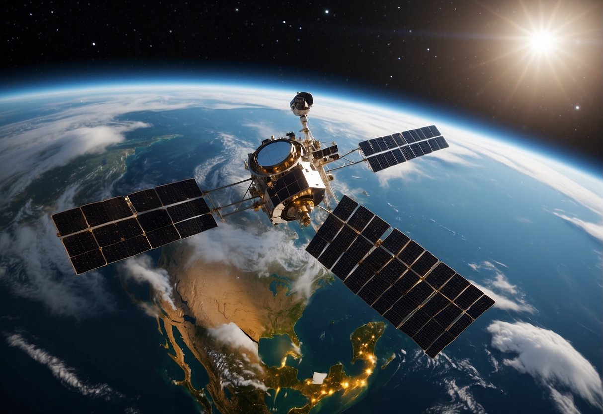 A satellite hovers above Earth, capturing data on climate change. Its sensors track environmental shifts, influencing policy and management decisions