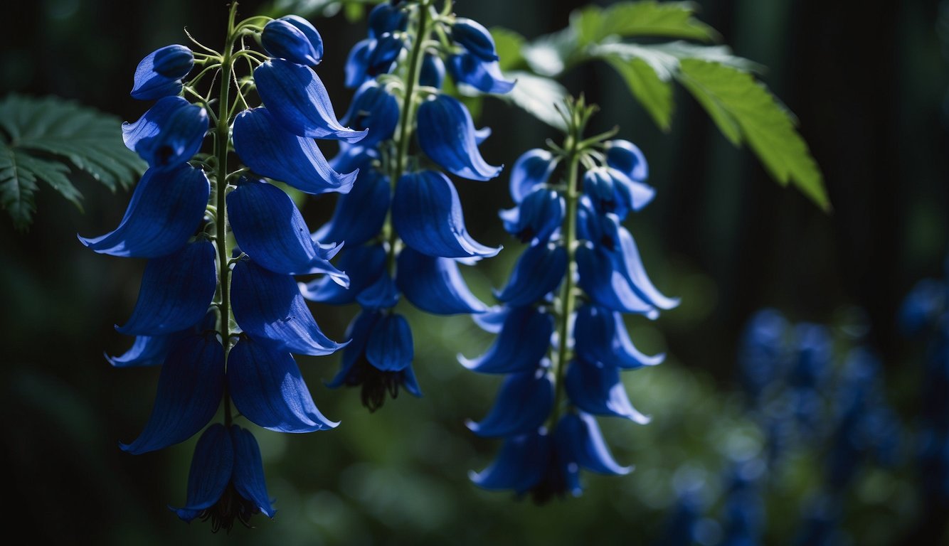 Aconitum Napellus blooms in a dark forest, its striking blue flowers standing out against the shadowy backdrop.

The plant exudes an air of danger and mystery, drawing in the viewer with its deadly beauty