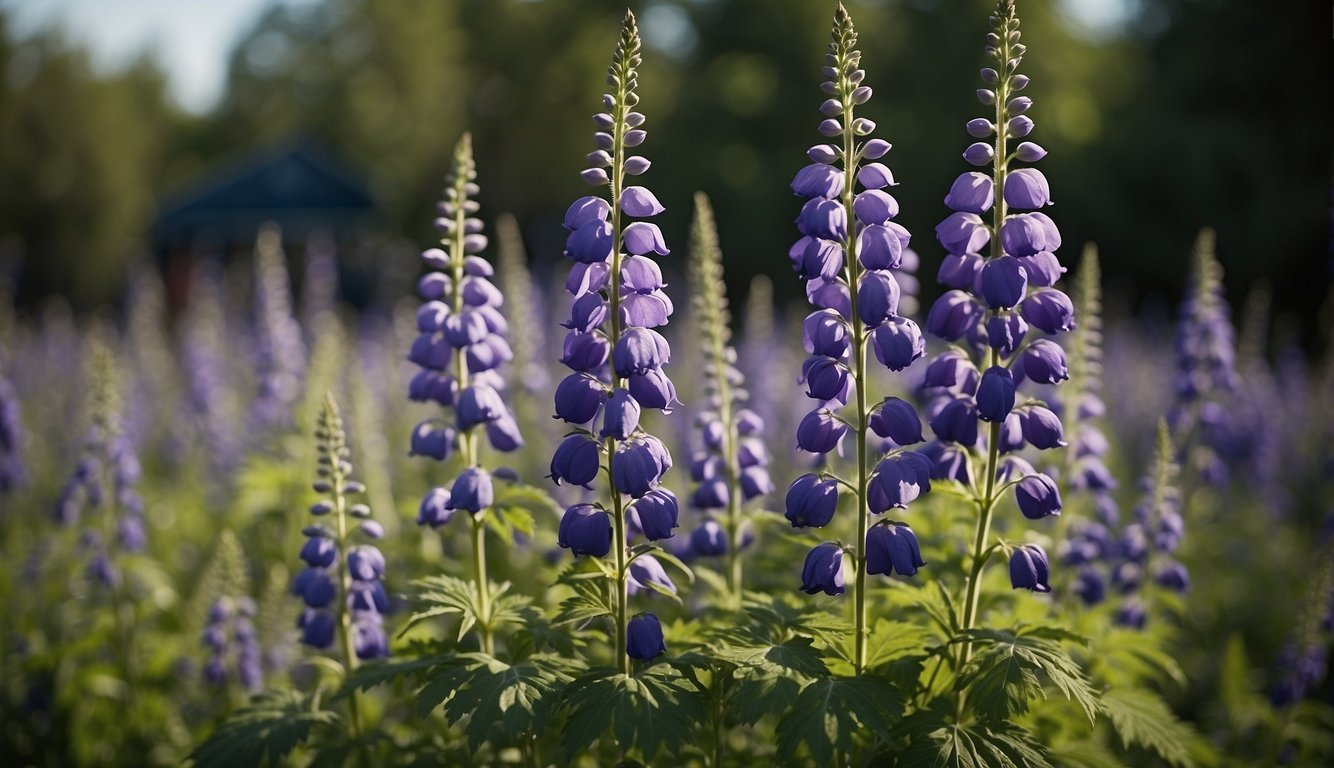 Aconitum Napellus: tall purple flowers, deeply lobed leaves, and a thick, sturdy stem.

The plant exudes an air of deadly beauty