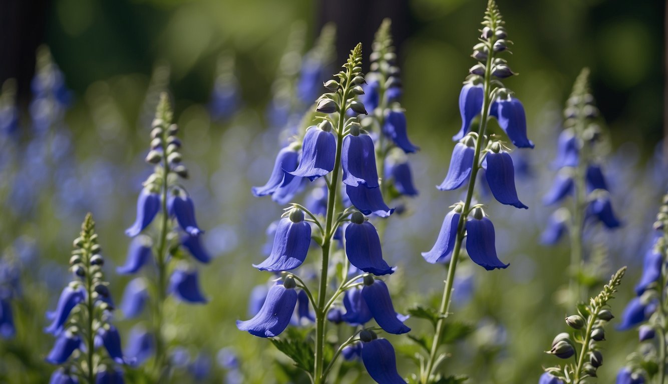 Aconitum Napellus plant with vibrant blue flowers, surrounded by wilted foliage.

Nearby animals show signs of poisoning: drooling, convulsions, and paralysis