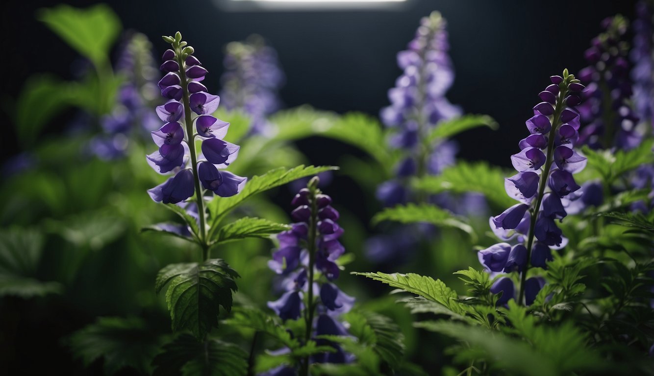 Vibrant purple aconitum napellus flowers surrounded by green leaves.

A scientist observes them with a microscope in a research lab