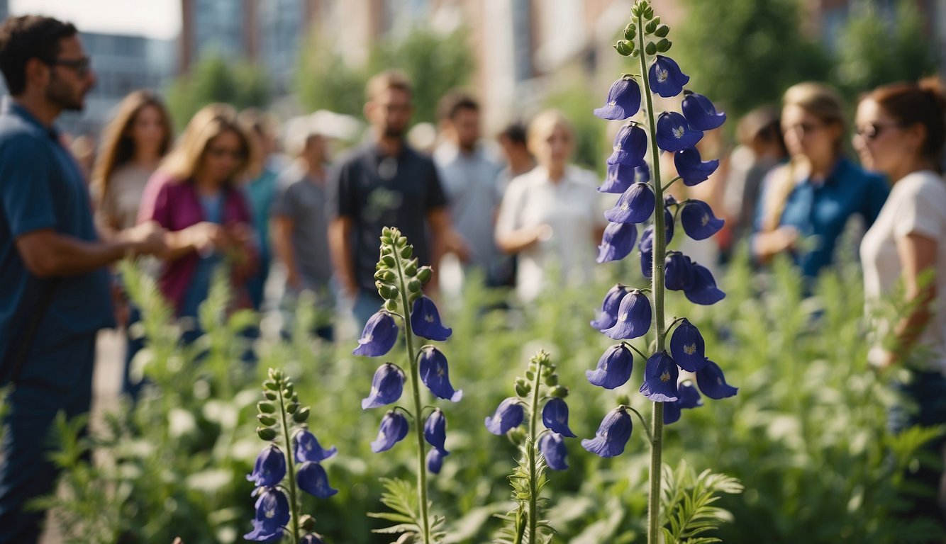 Aconitum Napellus plant surrounded by curious onlookers, with caution signs and warning labels nearby